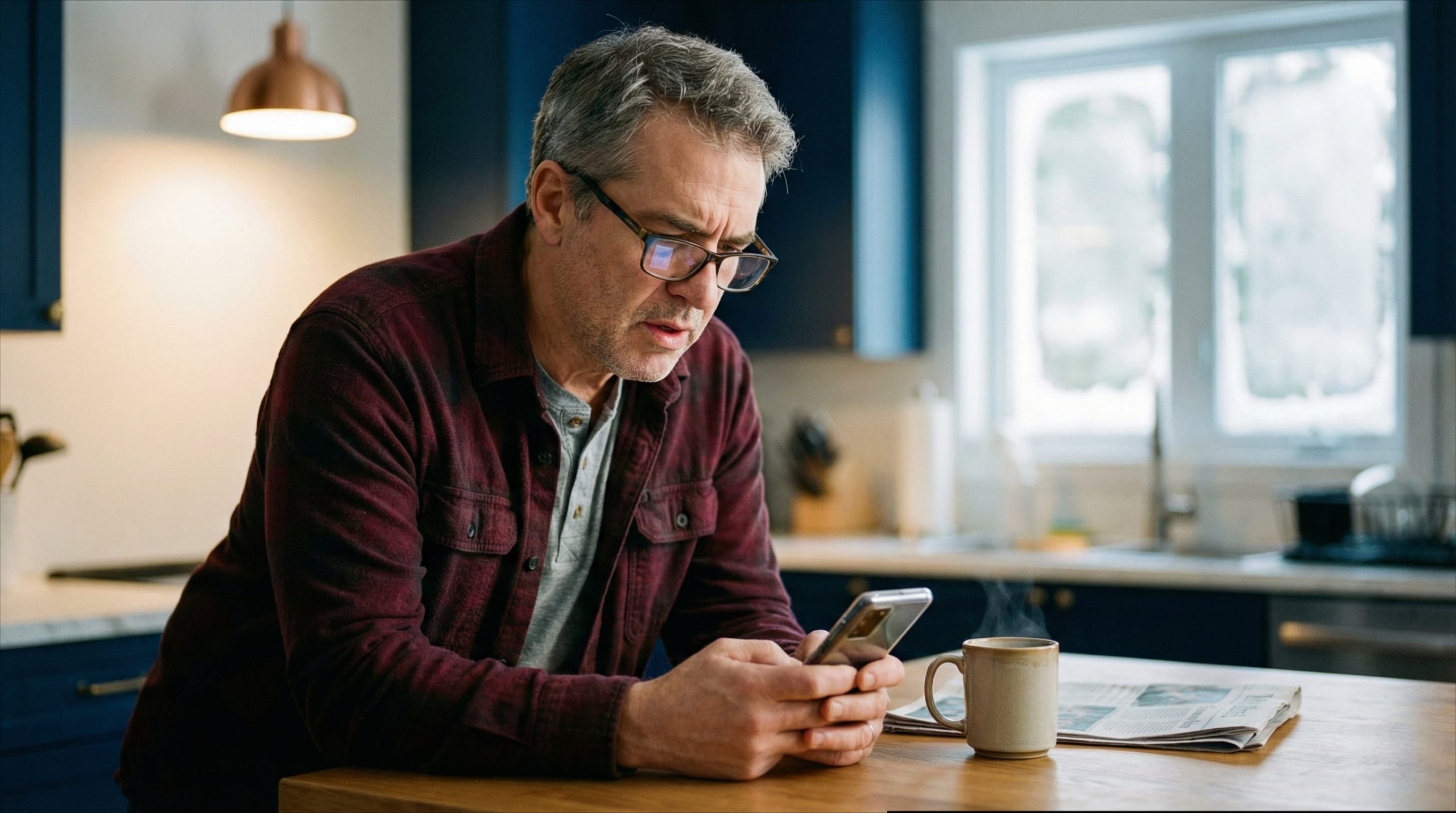 Quebec lottery winner Claude Boucher discovery moment — man checking phone with genuine disbelief in Quebec home kitchen